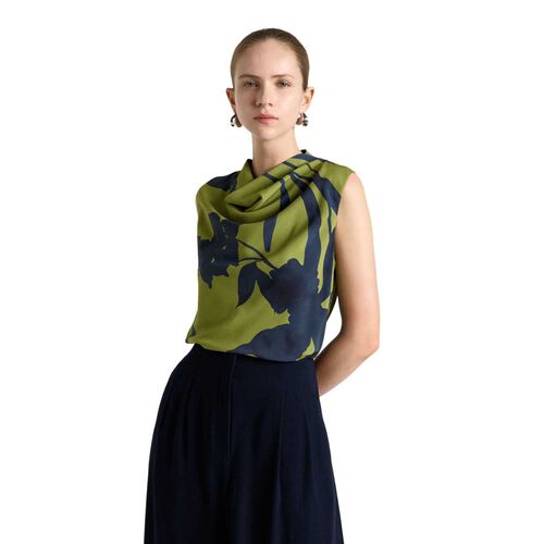 Cue Green Shadow Floral Satin Cowl Neck Blouse